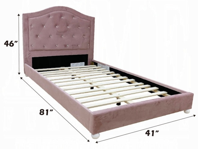 Acme 30820T-4PC 4 pc Reggie pink velvet fabric upholstered crystal button tufted twin bed set