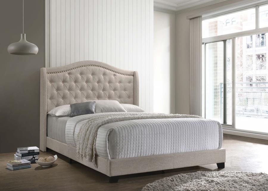 Sonoma Beige Upholstered Button-Tufted Queen Wingback Bed – 310073Q
