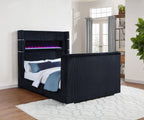 Coaster 315868BLKQ Tisdall Lavish black velvet upholstered fireplace headboard TV lift footboard queen bed