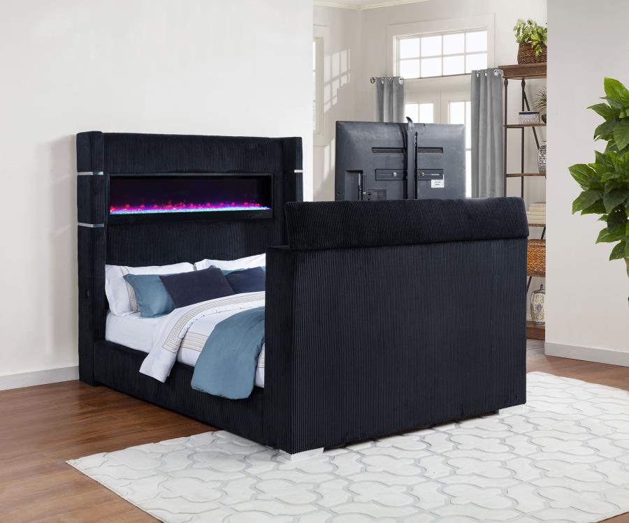 Coaster 315868BLKQ Tisdall Lavish black velvet upholstered fireplace headboard TV lift footboard queen bed