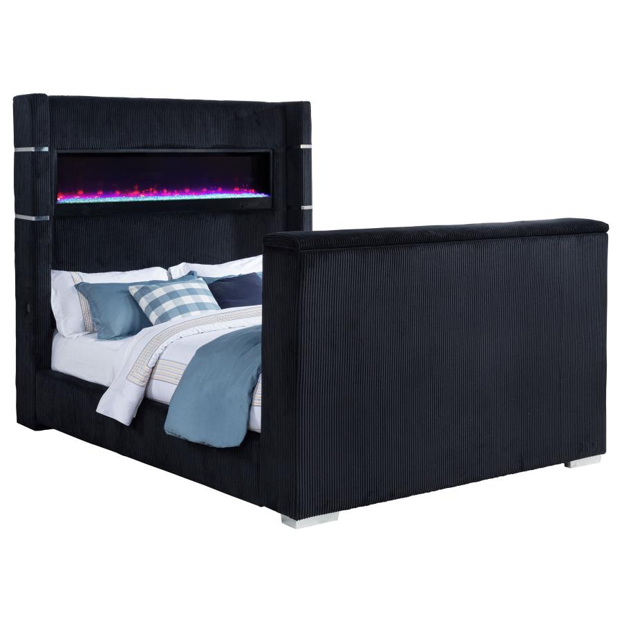Coaster 315868BLKQ Tisdall Lavish black velvet upholstered fireplace headboard TV lift footboard queen bed
