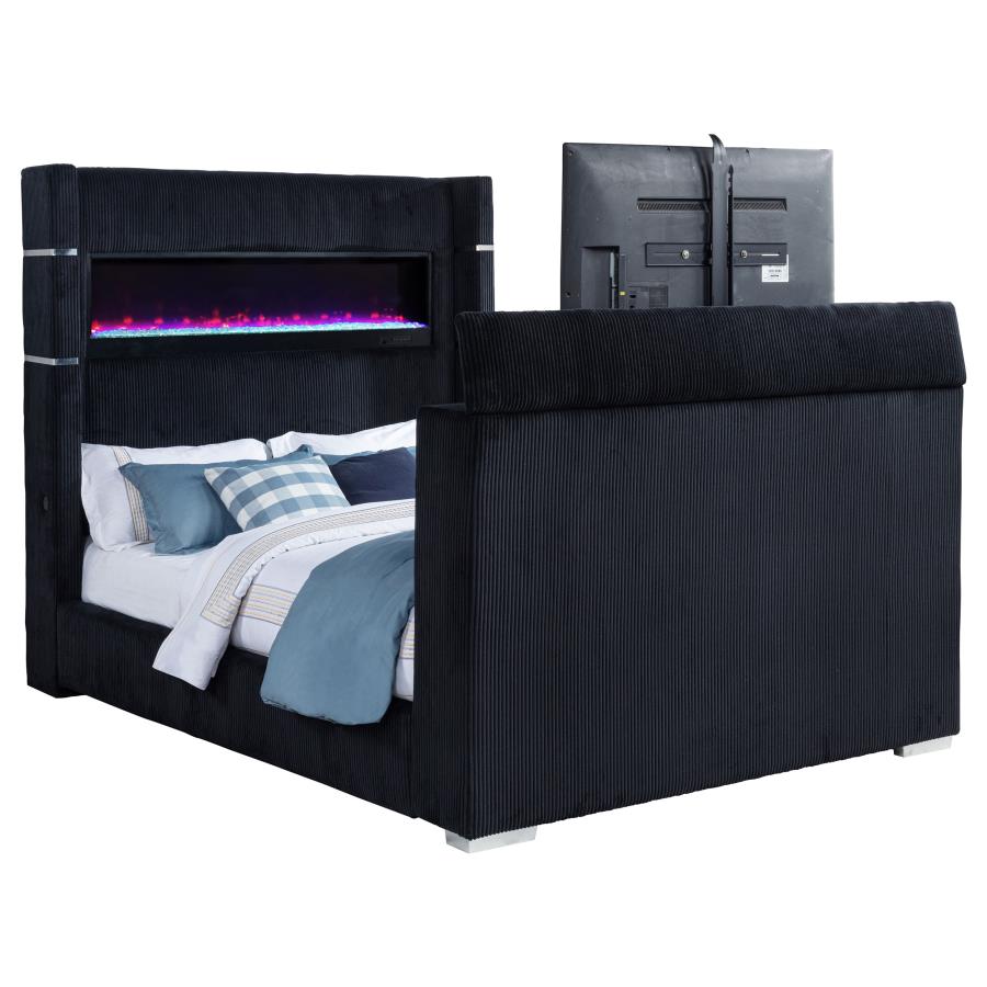 Coaster 315868BLKQ Tisdall Lavish black velvet upholstered fireplace headboard TV lift footboard queen bed