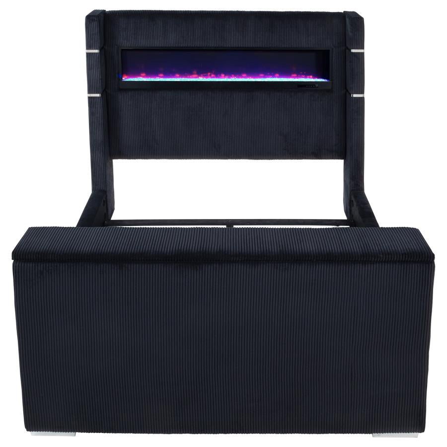 Coaster 315868BLKQ Tisdall Lavish black velvet upholstered fireplace headboard TV lift footboard queen bed
