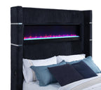 Coaster 315868BLKQ Tisdall Lavish black velvet upholstered fireplace headboard TV lift footboard queen bed