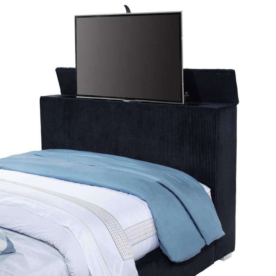 Coaster 315868BLKQ Tisdall Lavish black velvet upholstered fireplace headboard TV lift footboard queen bed