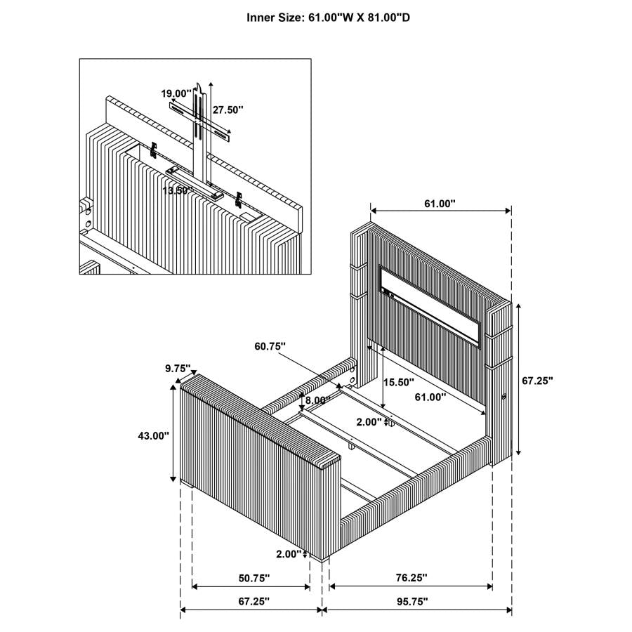 Coaster 315868BLKQ Tisdall Lavish black velvet upholstered fireplace headboard TV lift footboard queen bed