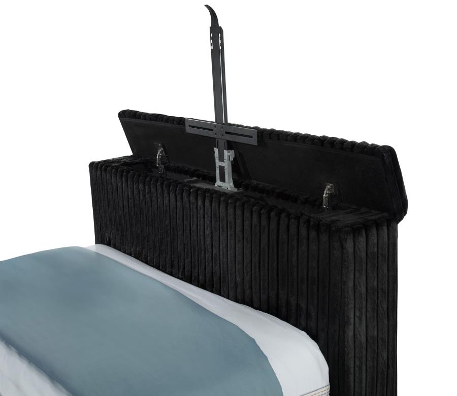 Coaster 315945Q Centergrove black wide corduroy upholstered TV lift footboard queen bed
