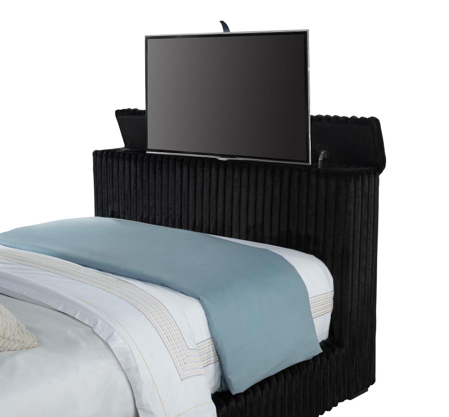 Coaster 315945Q Centergrove black wide corduroy upholstered TV lift footboard queen bed