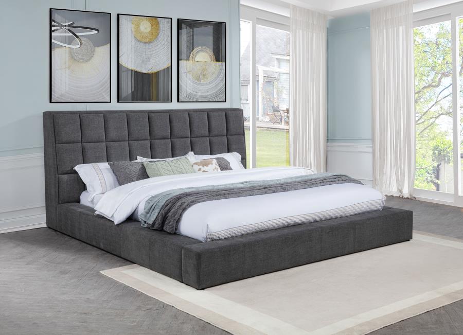 Coaster 315948GRYQ Dreux dark grey fabric upholstered flip up LED lighting with fold down cupholder in headboard queen bed