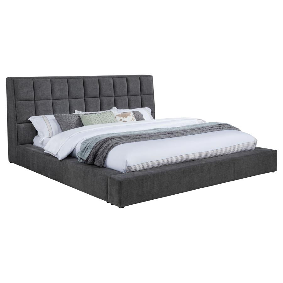 Coaster 315948GRYQ Dreux dark grey fabric upholstered flip up LED lighting with fold down cupholder in headboard queen bed