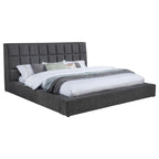 Coaster 315948GRYQ Dreux dark grey fabric upholstered flip up LED lighting with fold down cupholder in headboard queen bed