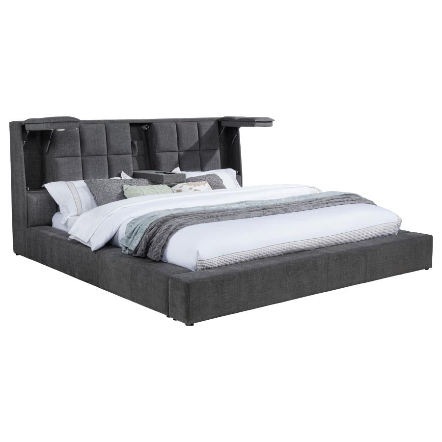 Coaster 315948GRYQ Dreux dark grey fabric upholstered flip up LED lighting with fold down cupholder in headboard queen bed