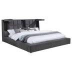 Coaster 315948GRYQ Dreux dark grey fabric upholstered flip up LED lighting with fold down cupholder in headboard queen bed