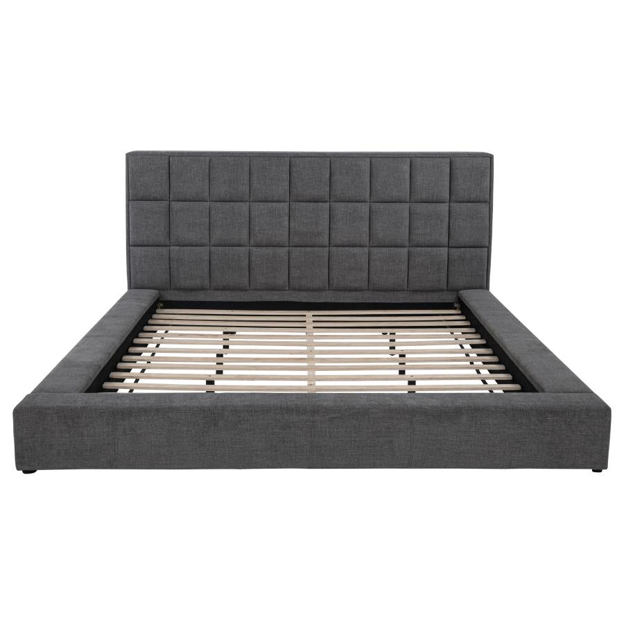 Coaster 315948GRYQ Dreux dark grey fabric upholstered flip up LED lighting with fold down cupholder in headboard queen bed