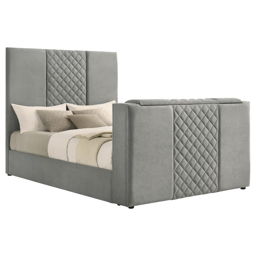 Coaster 315994Q Tara grey velvet upholstered diamond pattern TV lift footboard queen bed