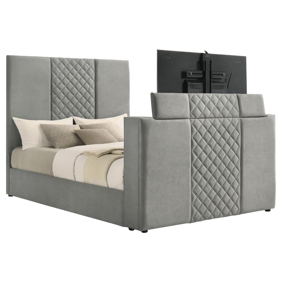 Coaster 315994Q Tara grey velvet upholstered diamond pattern TV lift footboard queen bed