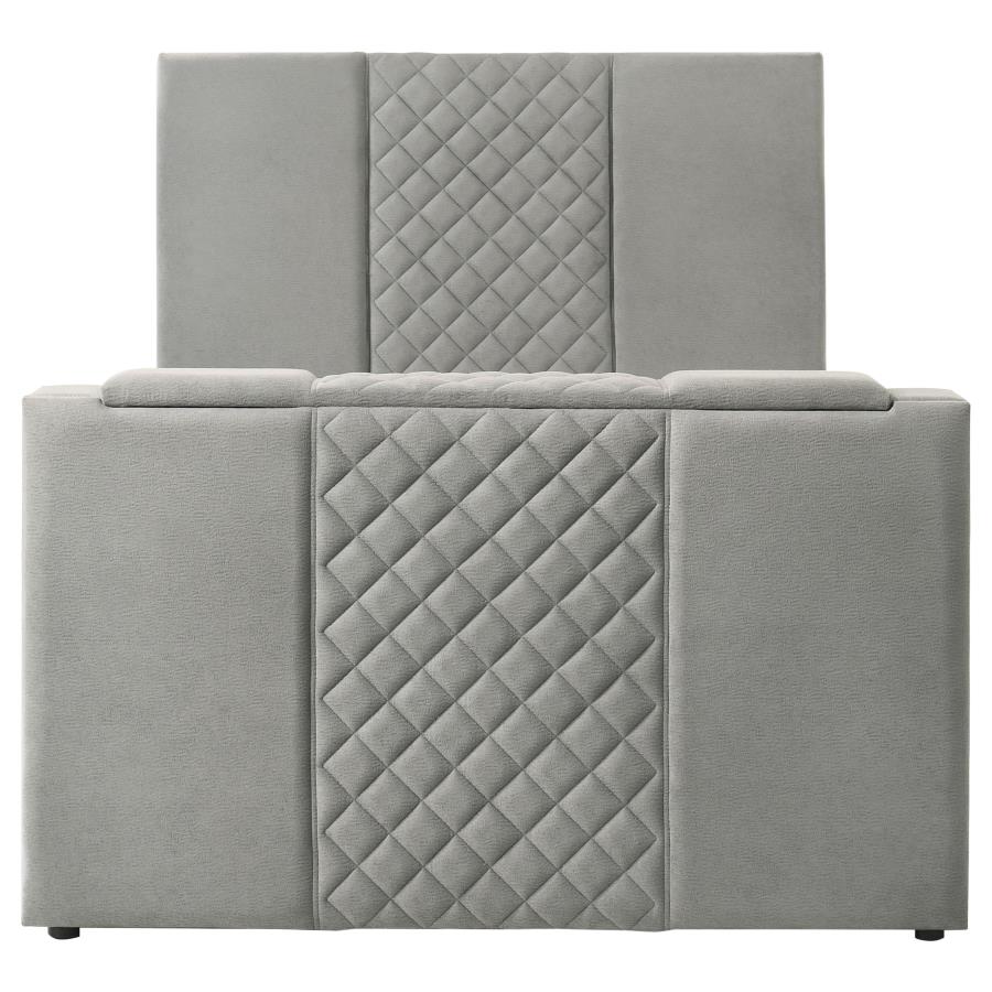 Coaster 315994Q Tara grey velvet upholstered diamond pattern TV lift footboard queen bed