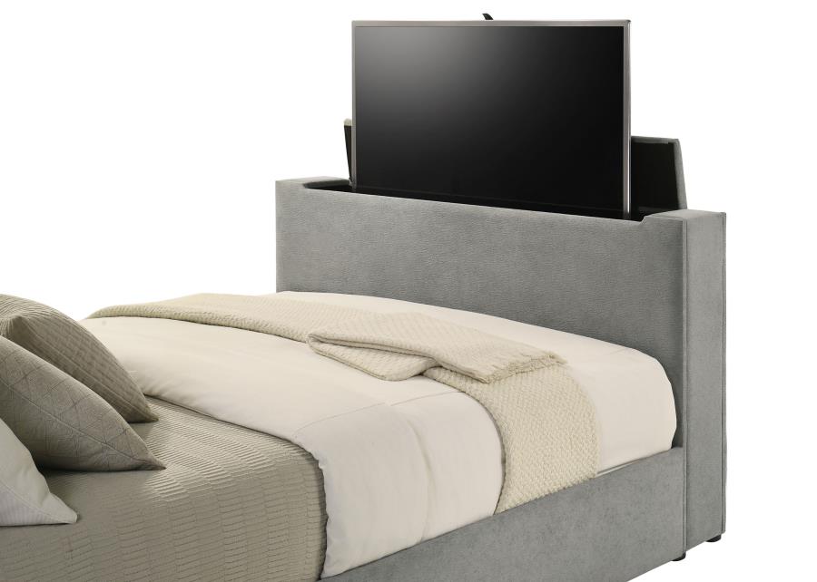 Coaster 315994Q Tara grey velvet upholstered diamond pattern TV lift footboard queen bed