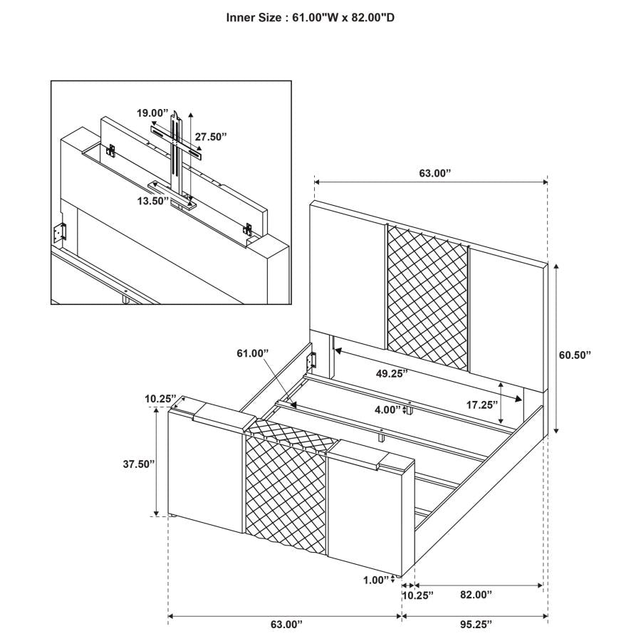 Coaster 315994Q Tara grey velvet upholstered diamond pattern TV lift footboard queen bed