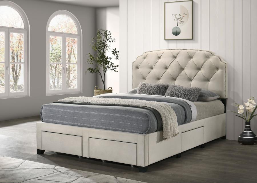Coaster 316011Q Marianna cream finish fabric tufted headboard queen bed frame with storage drawers