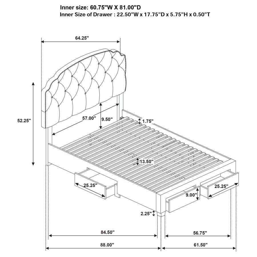 Coaster 316011Q Marianna cream finish fabric tufted headboard queen bed frame with storage drawers