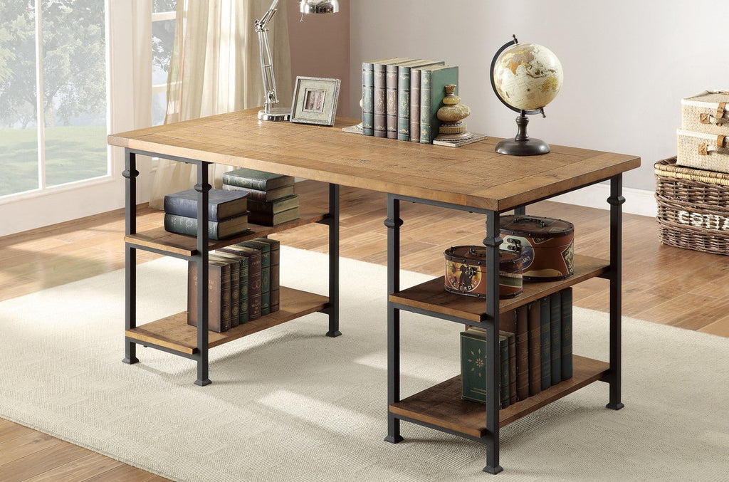 Homelegance 3228-15 Factory rustic poplar finish wood and rustic black metal frame office writing desk with shelves