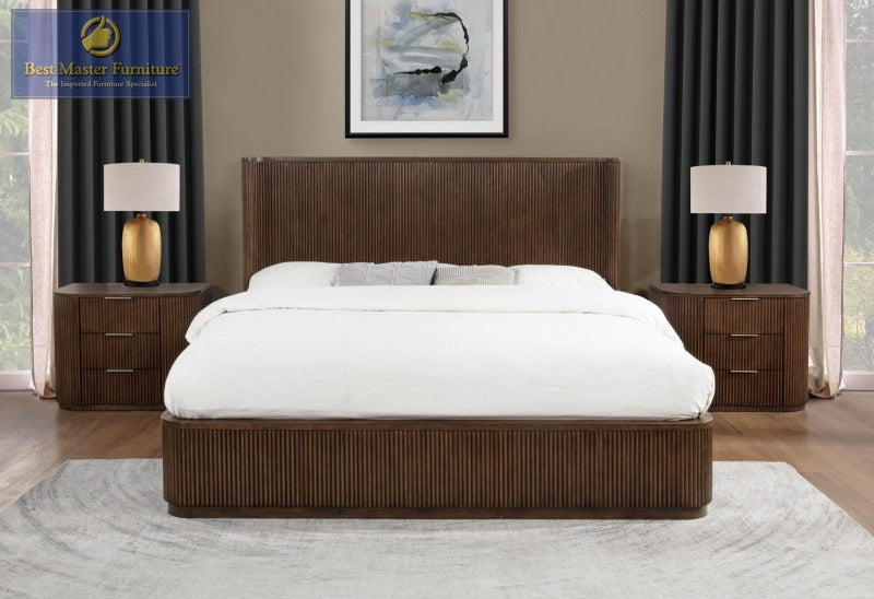 Best Master QT05BRQ-4PC 4 pc Qetora brown finish wood with fluted panel accent design queen bed set