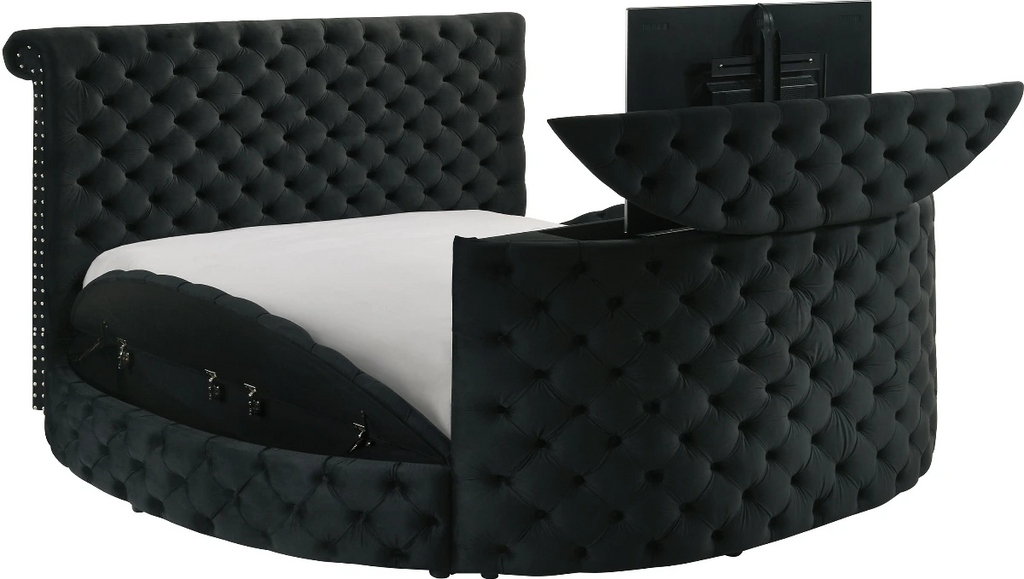 Crown Mark 5212BK Voltare black velvet fabric tufted round queen storage bed with TV lift and built in LED Fireplace