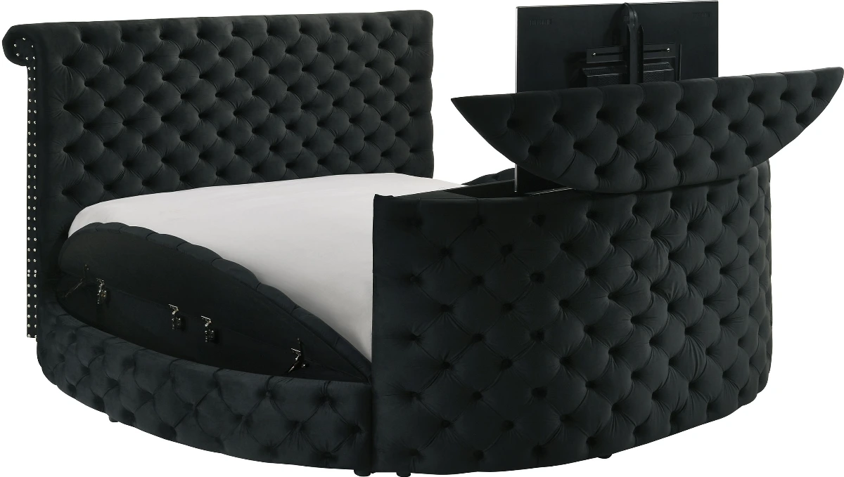Crown Mark 5212BK Voltare black velvet fabric tufted round queen storage bed with TV lift and built in LED Fireplace