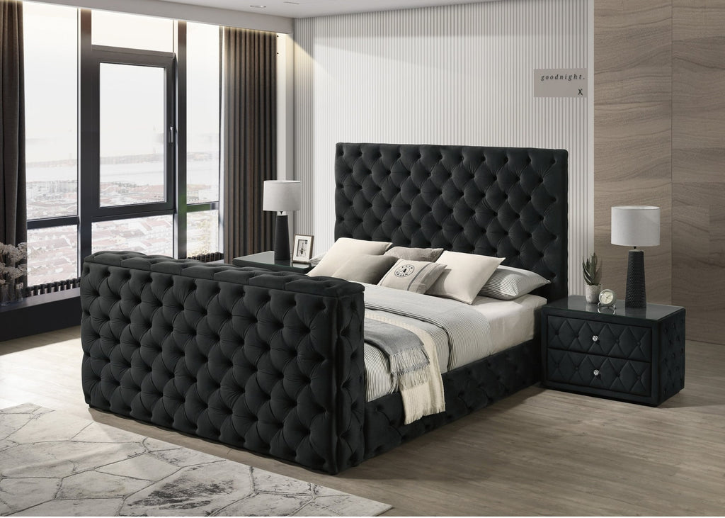Crown Mark 5213BK josephine black velvet fabric tufted queen bed with TV lift footboard