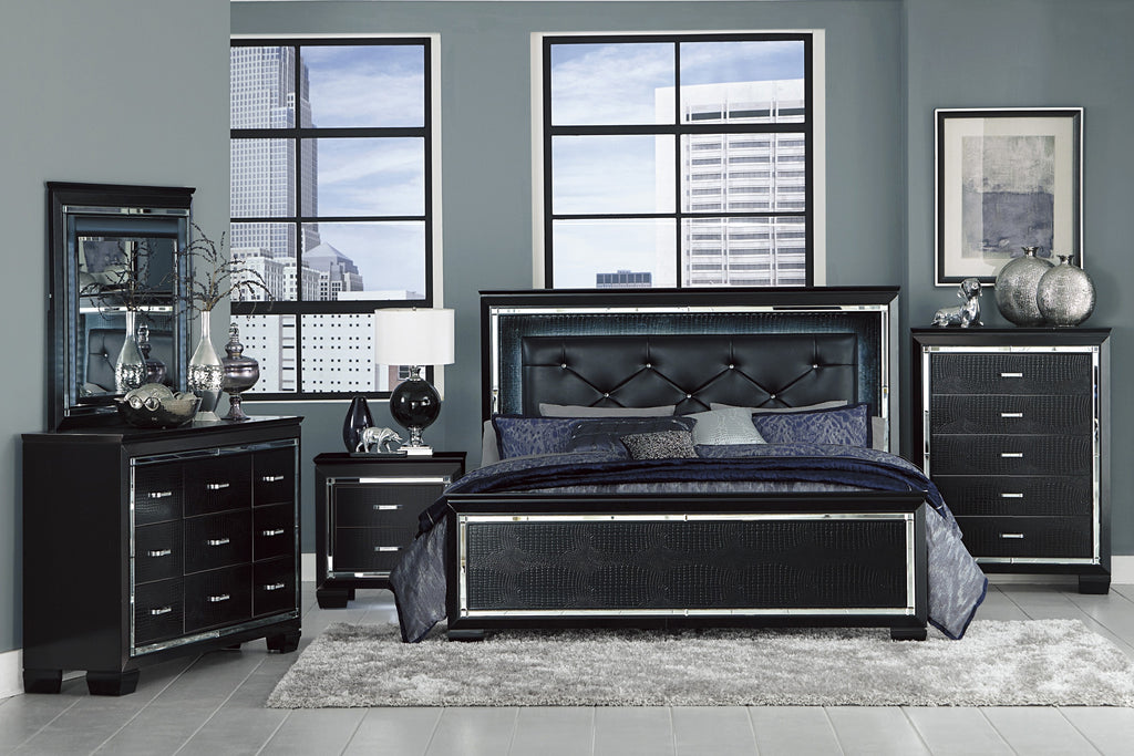 Homelegance 1916BK-4PC 4 pc allura black embossed alligator finish wood bedroom set with led trim
