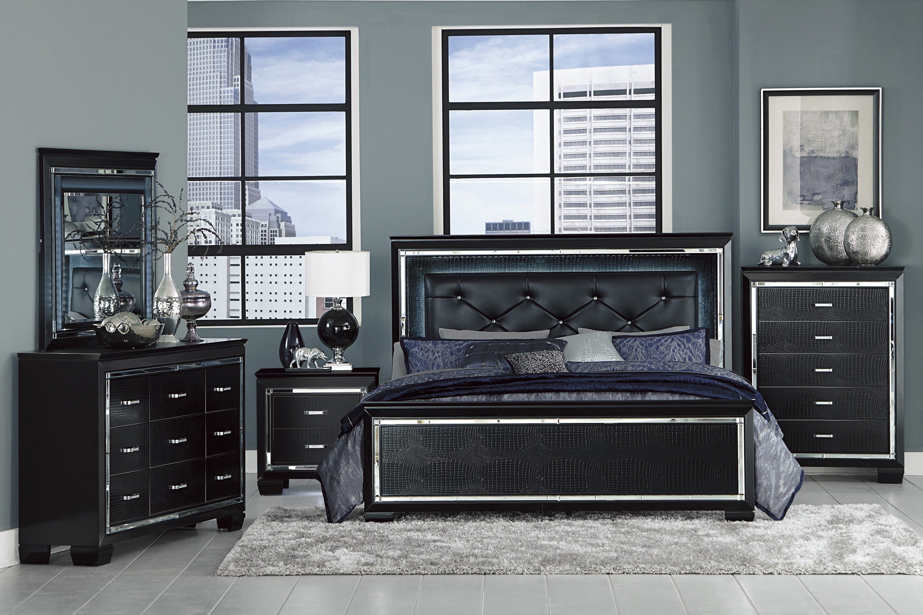 Homelegance 1916BK-4PC 4 pc allura black embossed alligator finish wood bedroom set with led trim