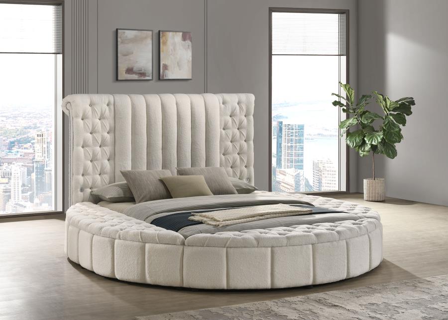 Coaster 360111Q Sonya ivory boucle fabric tufted headboard round storage queen bed set with USB ports