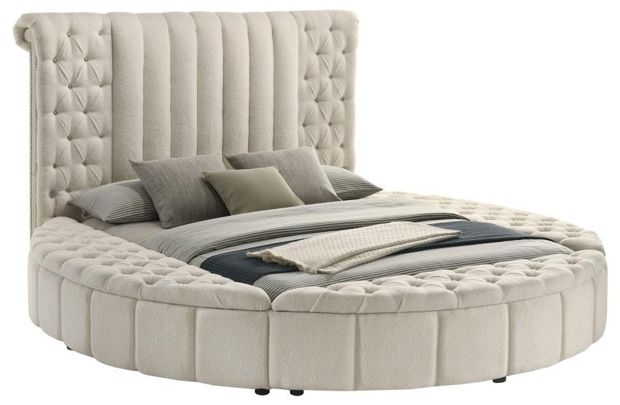 Coaster 360111Q Sonya ivory boucle fabric tufted headboard round storage queen bed set with USB ports