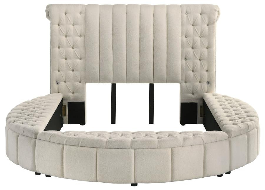 Coaster 360111Q Sonya ivory boucle fabric tufted headboard round storage queen bed set with USB ports