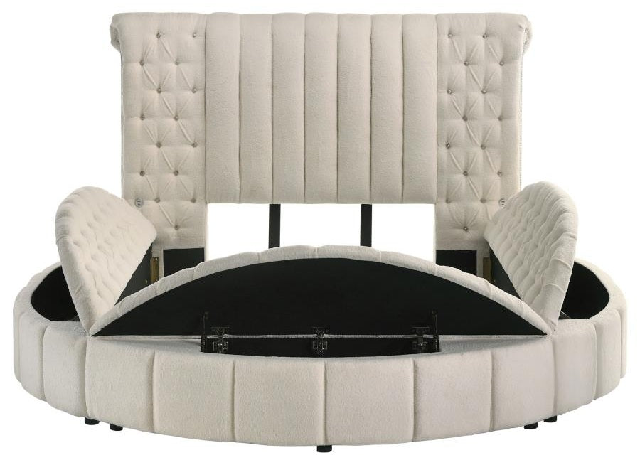 Coaster 360111Q Sonya ivory boucle fabric tufted headboard round storage queen bed set with USB ports