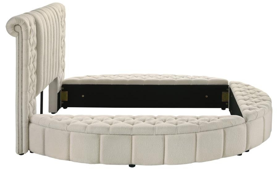 Coaster 360111Q Sonya ivory boucle fabric tufted headboard round storage queen bed set with USB ports