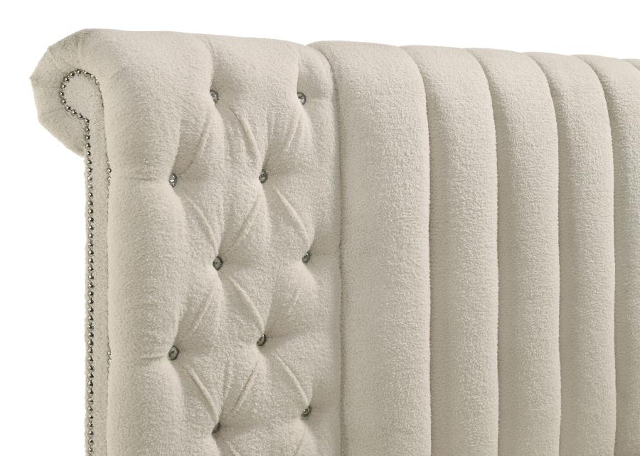 Coaster 360111Q Sonya ivory boucle fabric tufted headboard round storage queen bed set with USB ports