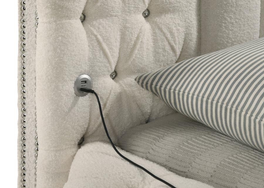 Coaster 360111Q Sonya ivory boucle fabric tufted headboard round storage queen bed set with USB ports