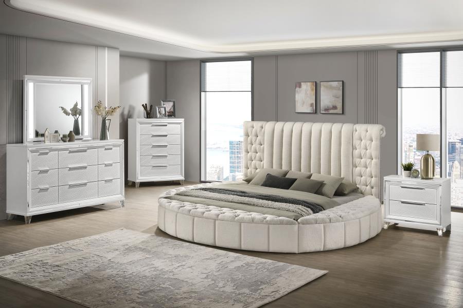 Coaster 360111Q Sonya ivory boucle fabric tufted headboard round storage queen bed set with USB ports
