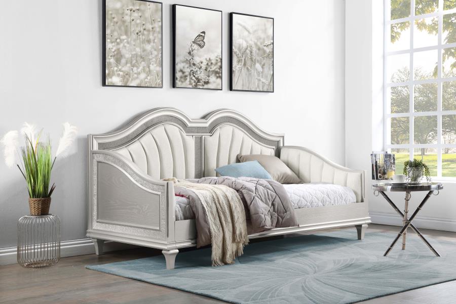 Coaster 360121 Evangeline silver oak finish wood ivory fabric tufted daybed faux diamond accents