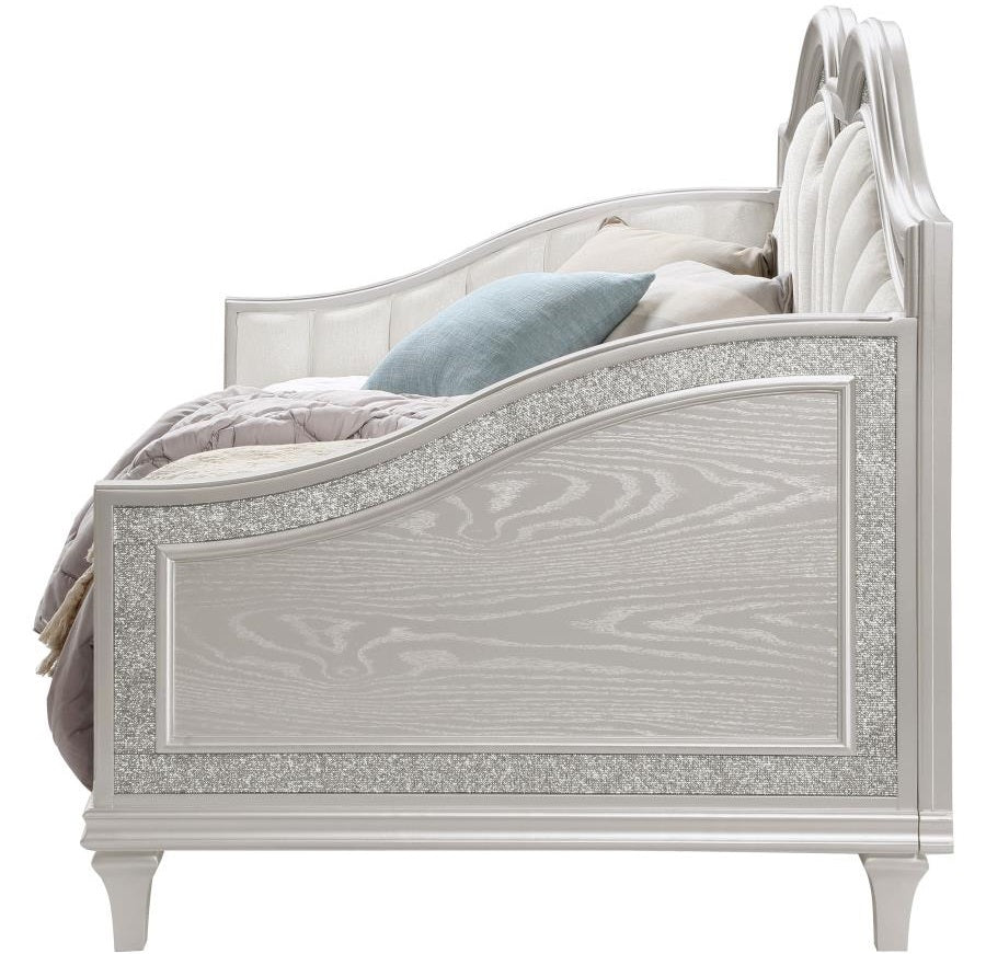 Coaster 360121 Evangeline silver oak finish wood ivory fabric tufted daybed faux diamond accents