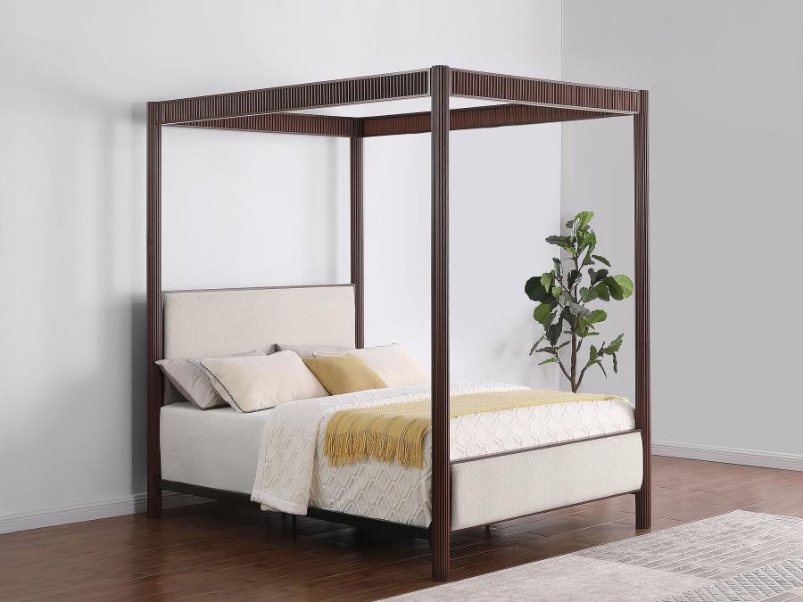 Coaster 360331Q Zimmerlee bronze metal finish canopy frame and beige linen like fabric padded queen canopy bed