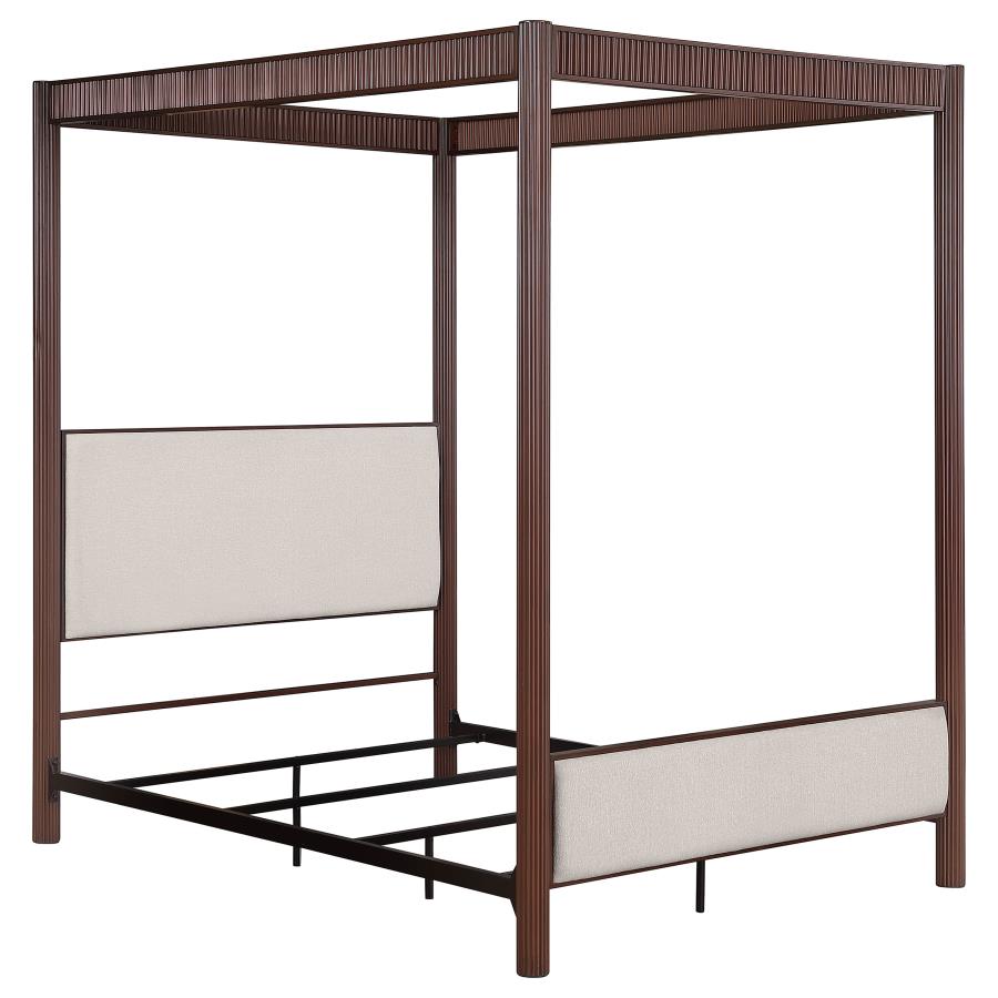 Coaster 360331Q Zimmerlee bronze metal finish canopy frame and beige linen like fabric padded queen canopy bed