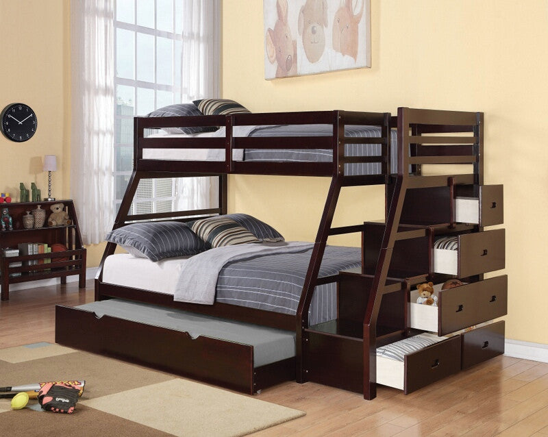 Acme 37015 Harriet bee freeport jason espresso finish wood twin over full bunk bed set stair case drawers trundle