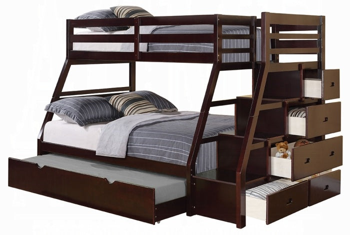 Acme 37015 Harriet bee freeport jason espresso finish wood twin over full bunk bed set stair case drawers trundle