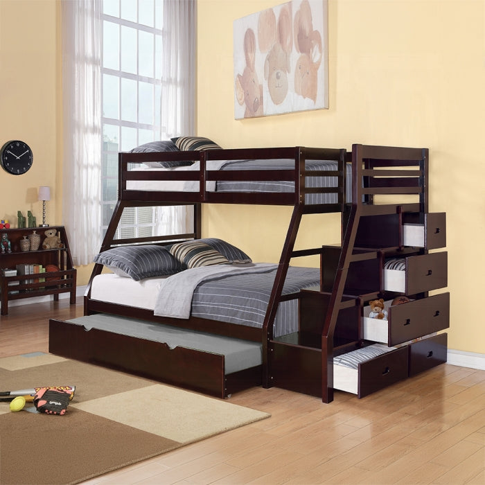 Acme 37015 Harriet bee freeport jason espresso finish wood twin over full bunk bed set stair case drawers trundle
