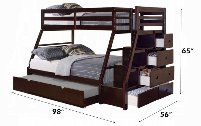 Acme 37015 Harriet bee freeport jason espresso finish wood twin over full bunk bed set stair case drawers trundle