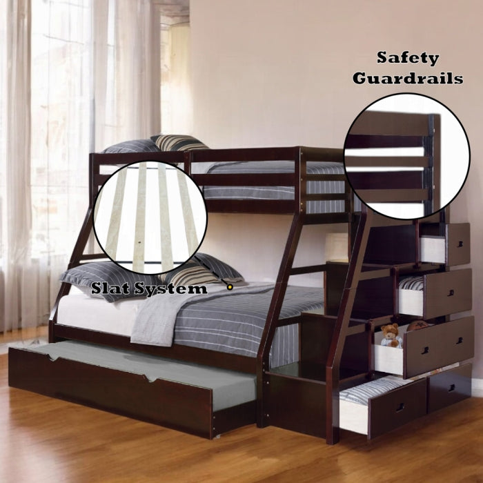 Acme 37015 Harriet bee freeport jason espresso finish wood twin over full bunk bed set stair case drawers trundle