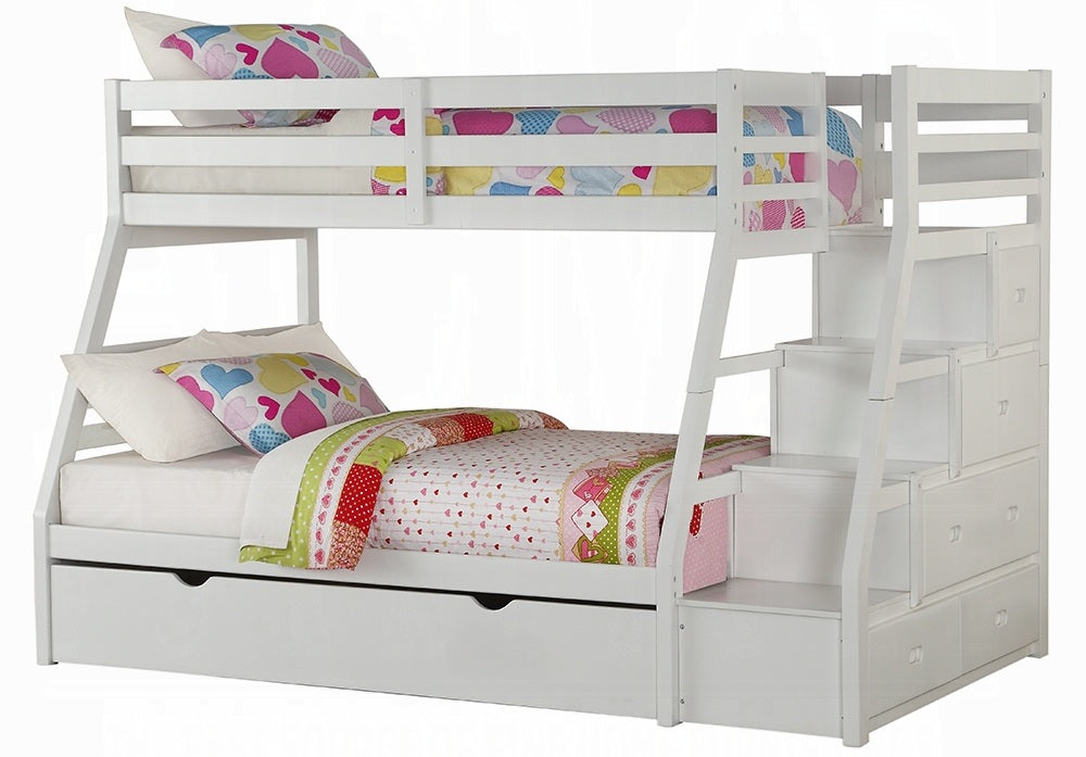 Acme 37105 Harriet bee freeport jason white finish wood twin over full bunk bed set stair case drawers with trundle
